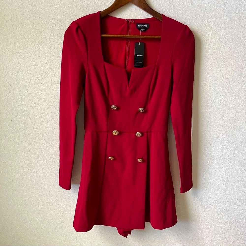Bebe Elegant Red Double Breasted Jumpsuit Romper Long Sleeve Structured Design